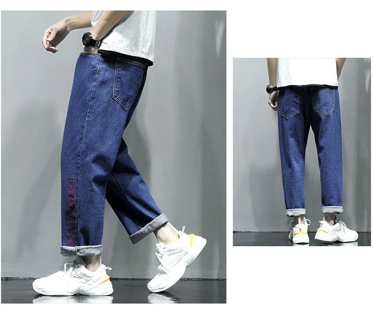 Джинсовые джинсы с вышивкой мужские синие осенние уличные повседневные мешковатые брюки винтажные мужские хип-хоп прямые брюки длиной до