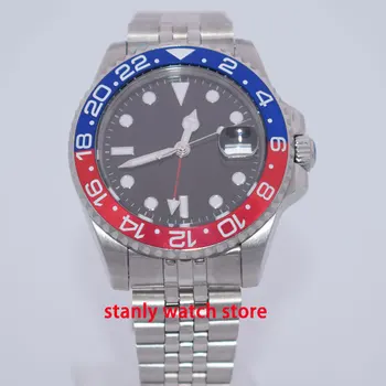 

Solid Parnis 40mm black sterile dial luminous marks blue red bezel GMT function sapphire automatic movement men's wrist watch