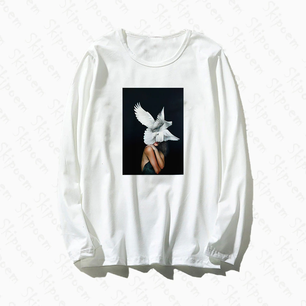 

Birds Butterfly Feather T-shirt Women Korean Style Aesthetic Tumblr Vintage Long Sleeve Plus Size Cotton Top Tees Clothes