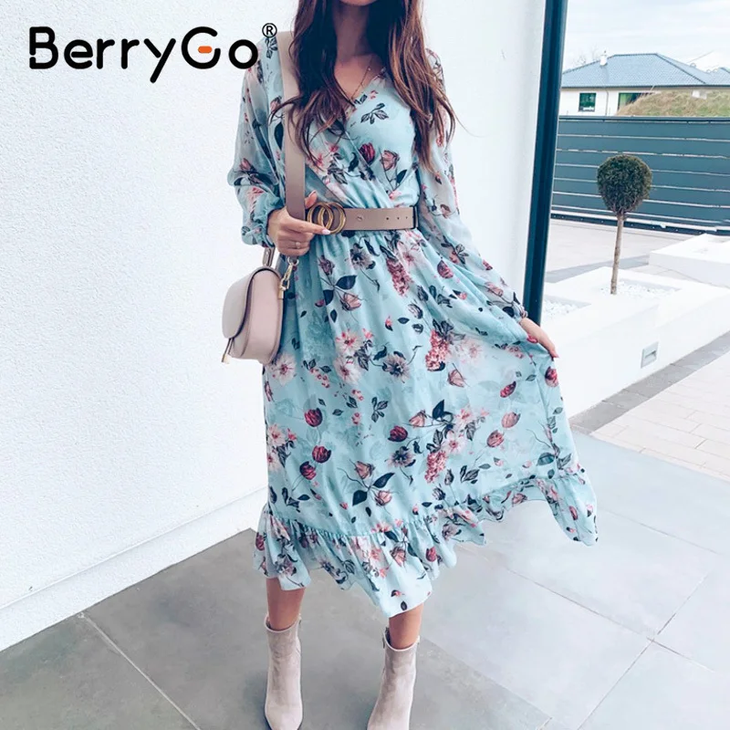 BerryGo голубое платье с цветочным принтом размера плюс высокой талией и оборками
