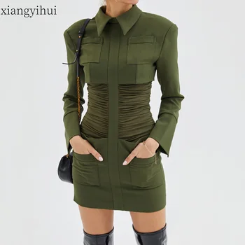 

Fashion Streetwear Women sexy Package Hip Green Party Dress Pencil Dresses Tudn-down Collar Shirt Vestidos Female Clothes 2020