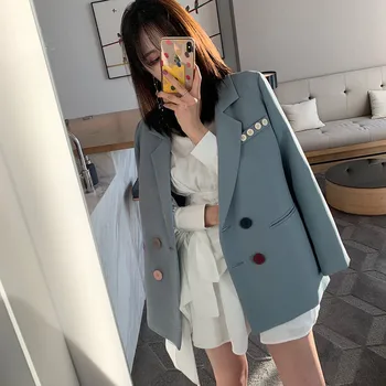 

2020 Spring Autumn Blazer New Double-breasted Suit Jacket Korean Loose British style Casual Blue Blazers Suit Jackets Women b200