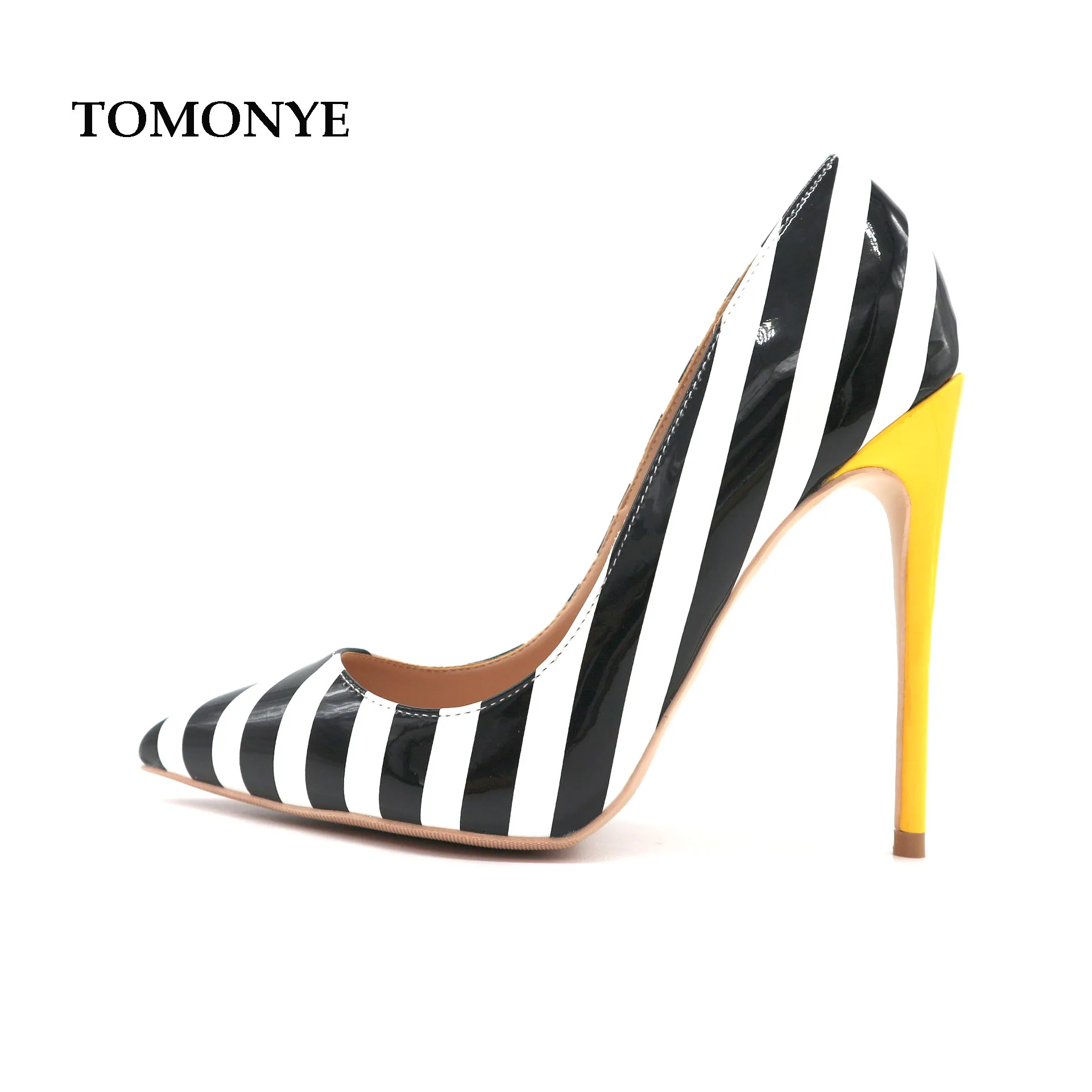 

2019 Luxury Brand big size hot sale Factory out black white strap patent leather pointed toe 120mm high heel shoes pump on sale
