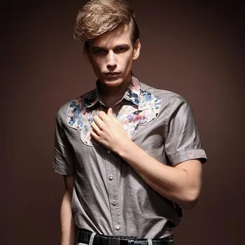 

Free shipping new casual men's male short sleeved summer palace style slim short-sleeved flower shirt men collision color 13251