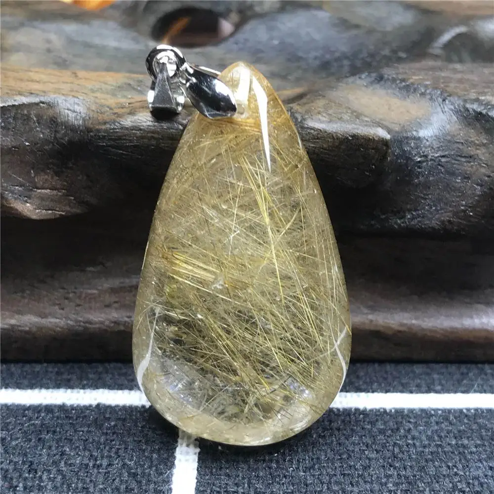 

Natural Gold Hair Rutilated Pendant For Woman Men Lucky Gift 33x19x14mm Beads Stone Reiki Crystal Necklace Pendant Jewelry AAAAA