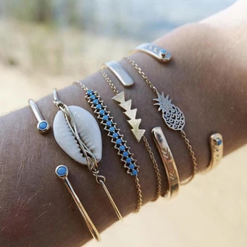 

Tocona 7pcs/sets Summer Shell Stone Bracelets Blue Rhinestone Leaf Pineapple for Women Accessories Bohemian Jewelry 9628