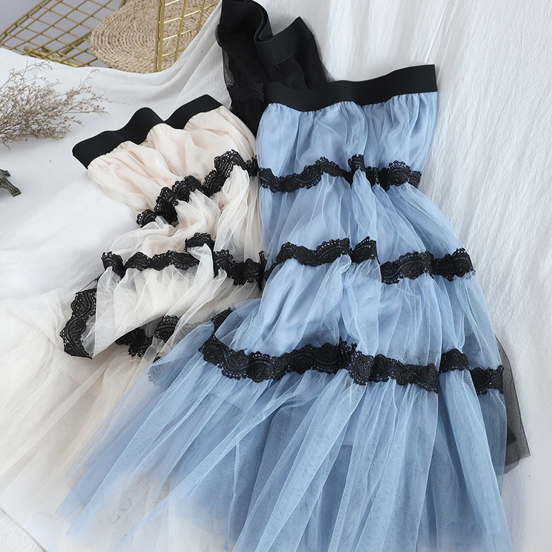 

Spring Korean High Waist Women Tulle Skirts Small Fresh Skirt College Style Fashion Stitching Base Cake Skirt Female Plus Size