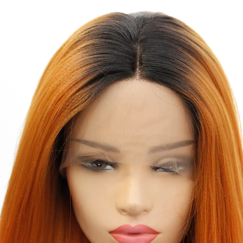 Омбре черные корни до оранжевый яки прямые натуральные волосы 2" дюймов термостойкие волокна ежедневно синтетические кружева спереди парик для женщин