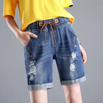 

Summer Denim Ripped Bermuda Shorts Women Blue Drawstring Closure Distressed Stretch Short Jeans