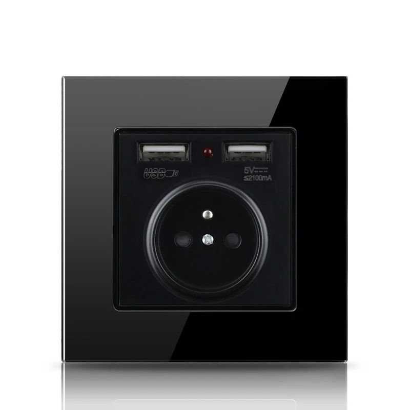 Atlectric EU FR настенная розетка с двумя портами usb 16A 2100mA электрическая настенная розетка с панелью из закаленного стекла адаптер зарядного устройства - Тип: FR Standard