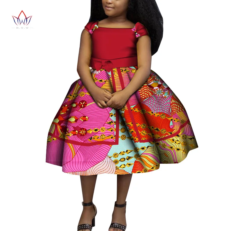 Lovely Girls Dresses Bazin Riche African Print Bow Tie Cute Ankara Dresses For Kids Children African Clothing Party Dress Wyt525