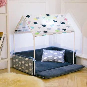 

Newest Dog Pet Bed+Tent Dog Kennel Removable Cozy Sofa Washable Winter Warm Pet Nest With Night Light Indoor Small Breeds Beds