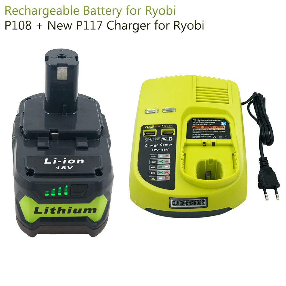 Batería + juego de cargador para Taladro Inalámbrico, pila recargable de iones de litio de 18V y 6000mAh, P108 + nuevo cargador P117 de 9,6 V 18V para Ryobi de recargables| - AliExpress