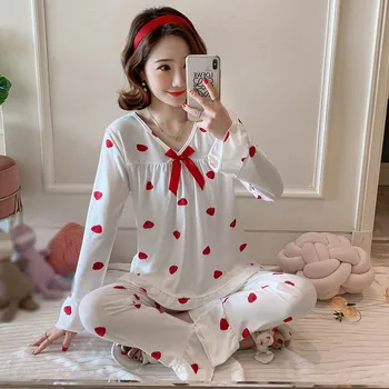 

Women Cartoon Print Pajama Sets V-Neck Long Sleeves Sleepwear Loose Full Length Female Milk Silk Underwear