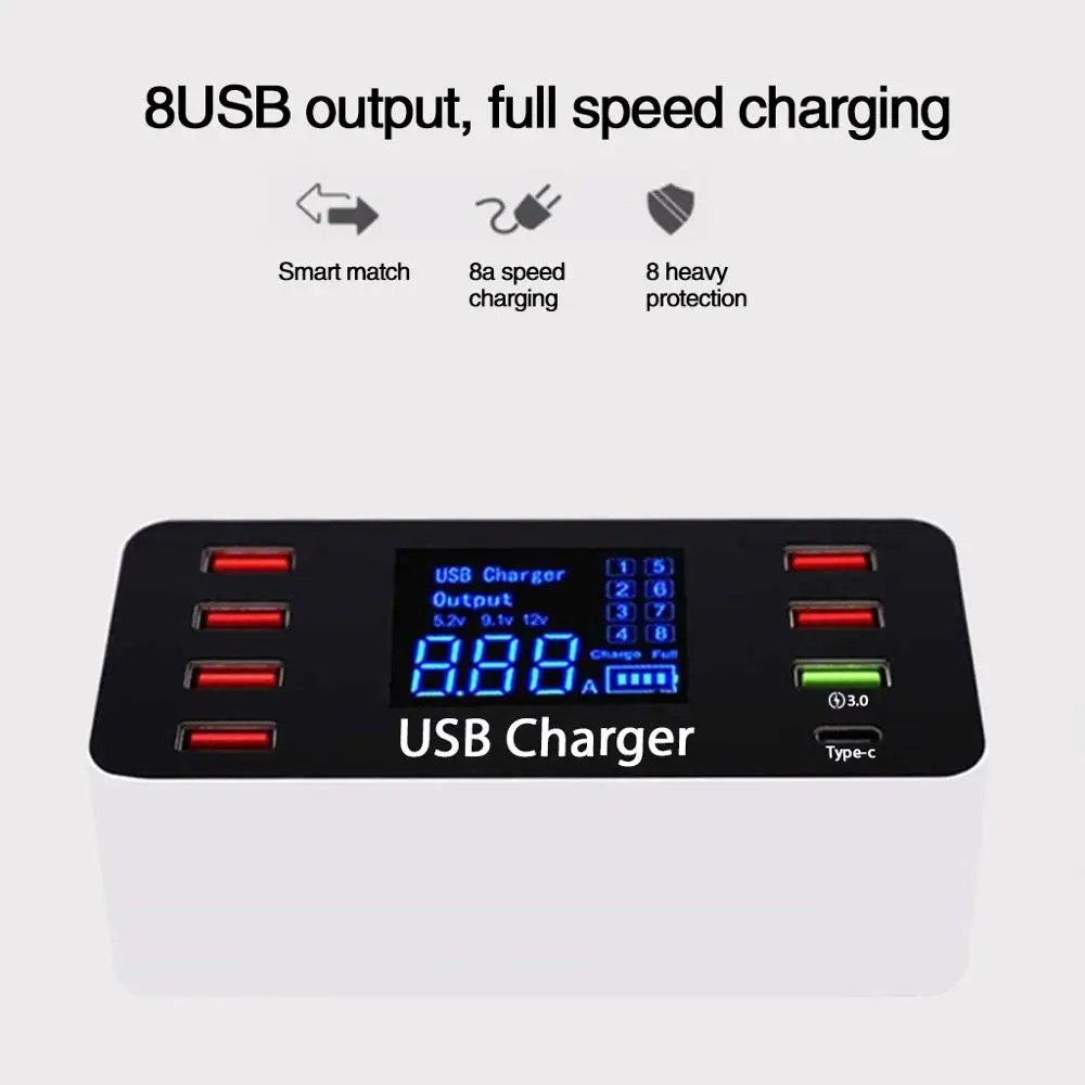 

Digital Display LCD 8 Port USB Mobile Phone Smart Charger Tablet Quick Charge QC3.0 Type-C Quick Charging Head 40w XEDAIN