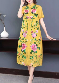 

Luxury Dress 2020 Summer Brand Chinese Style Women Exquisite Embroidery Flower Patterns Tunic Button Front Mid-Calf Yellow Dress