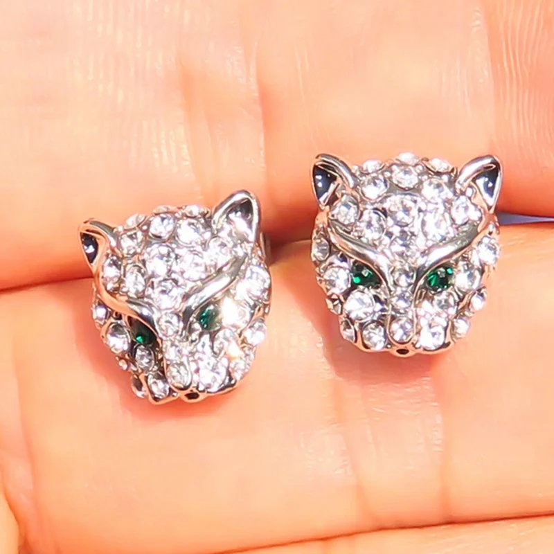 Lovely Silver Color Leopard Head Stud Earrings for Women Men Hip Hop Full Crystal Rhinestone Animal Party | Украшения и