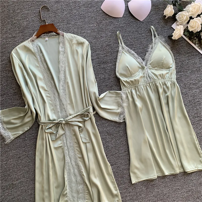 light green Имитирующий натуральный шелк сексуальный кружевной женский халат набор с нагрудной накладкой костюм с кардиганом Атласный халат для сна - Цвет: light green