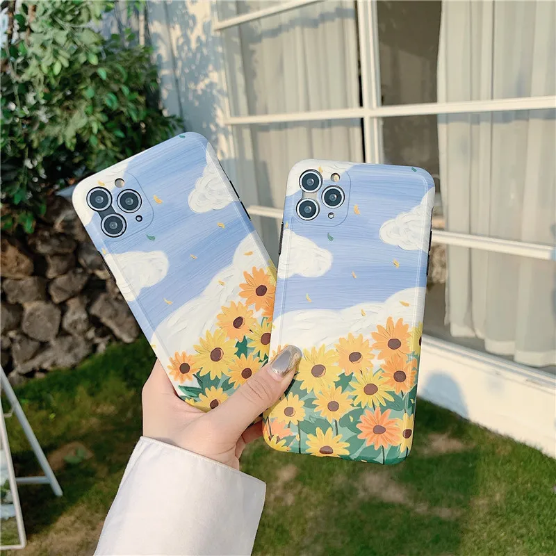 

Retro summer sunflower Flowers leaf cute Phone Case For iPhone 11 Pro Max XR Xs Max X 7 8 Plus case silicone cover oil painting