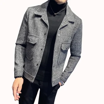 

Autumn winter new men's jacket male 2019 new plaid young Korean version of the trend of lapel plaid wool jacket short section