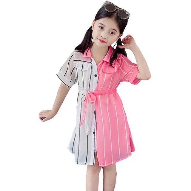 Girls Summer Dress Striped Blouse Dress For Girl Patchwork Kid Shirt Dress Teenage School Costume For Girls