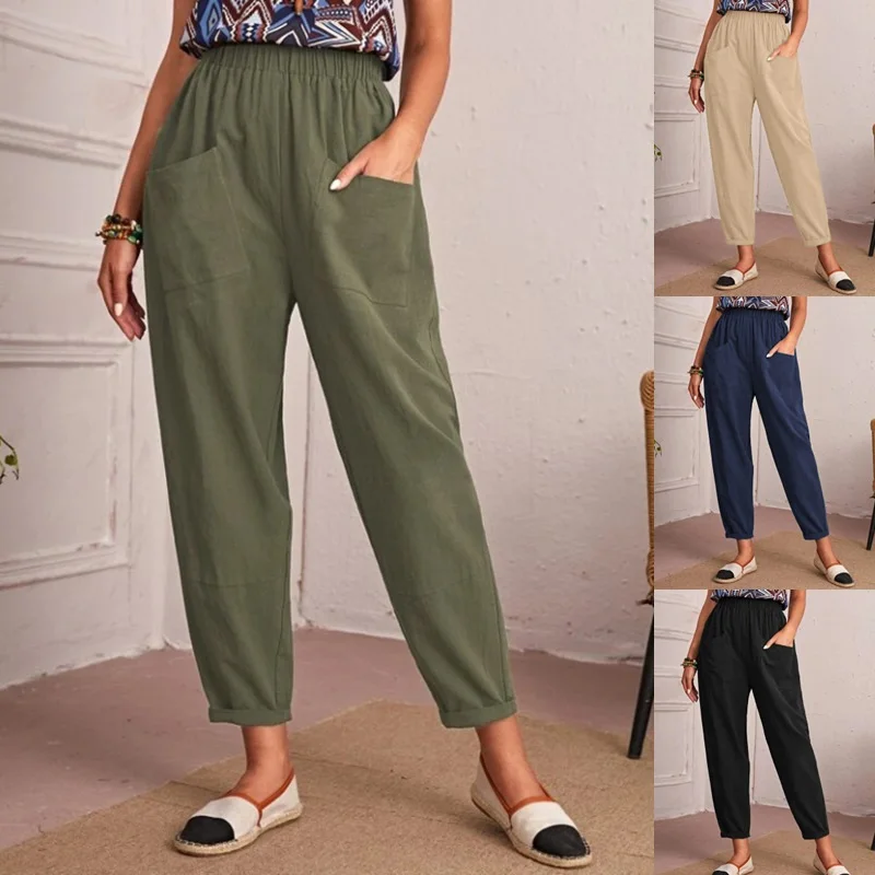

Casual Pants Women High Waist Spring Summer 2022 Linen Cotton Black Khaki Ankle Length Harem Solid Drawstring Womens Pencil Pant