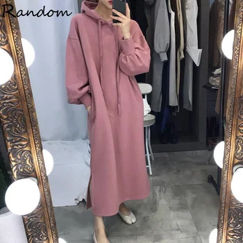 

Women Sport Hooded Pink Gray Black Dress Long Sleeve Casual Fashion Korea Streetwear Long Dresses Thicken Winter Warm Clothes