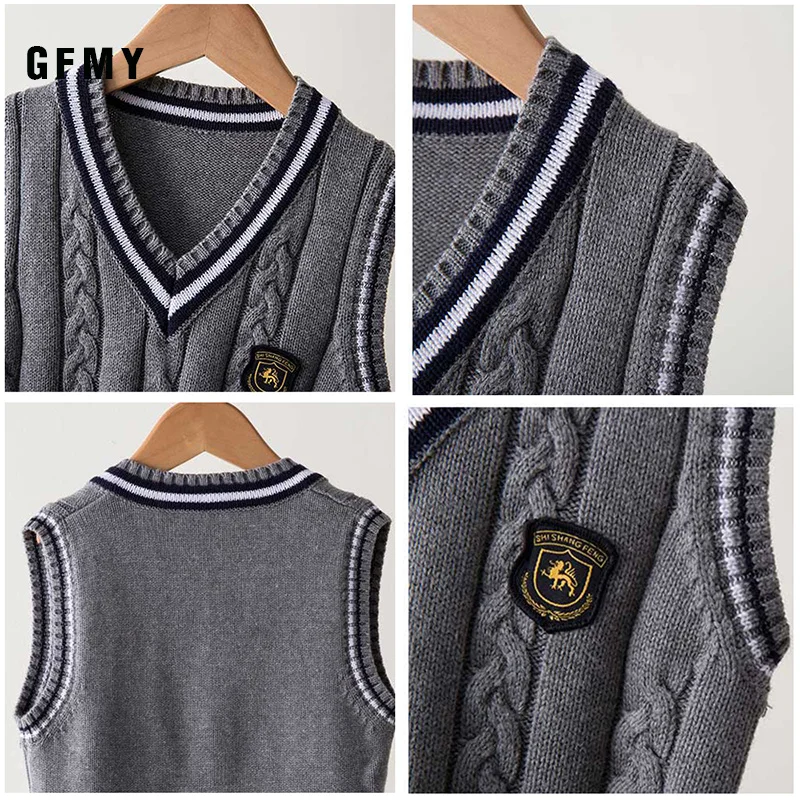 GFMY Autumn 100% Oxford Textile Cotton Solid Color 3T-14T boys white Shirt+ weater vest 2pcs Kid Casual School Clothes