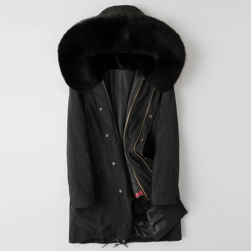 5XL мужские парки, зимняя куртка, длинные пальто с капюшоном, зимняя верхняя одежда, мужской воротник из натурального Лисьего меха, подкладка из меха норки, съемная ветровка - Цвет: Черный