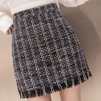 

Bigsweety Woolen Mini Skirt Women Autumn Retro A-Line Plaid Tassel Skirt Fashion High Waist Femininas Harajuku Skirts