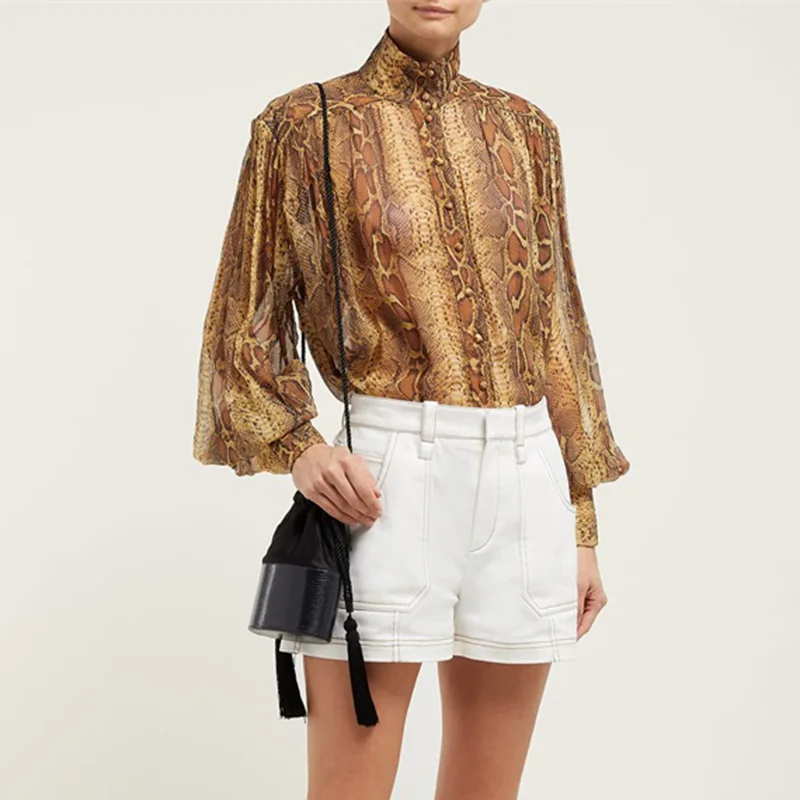 

2019 Fall Ladies Long Sleeve Chiffon Shirts Runway Retro Snake Printed Blouses