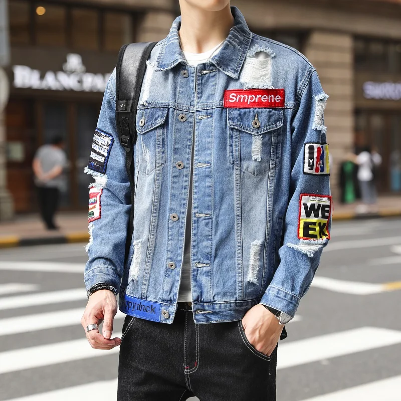 Men Blue Denim Jackets Holes Jean Jackets High Quality Male Cotton