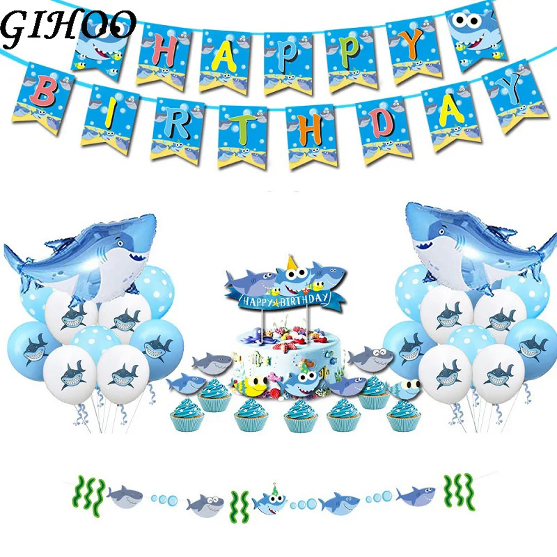 

GIHOO Baby Shark Birthday Party Tableware Decorations Kids Cupcake Topper Banner Latex Balloon Baby Shower Decor Supplies