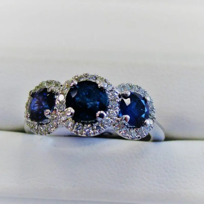

High Quality Silver Ring With Stone Women Three Round Blue Zircon Inlay Vintage Bridal Wedding Ring Jewelry