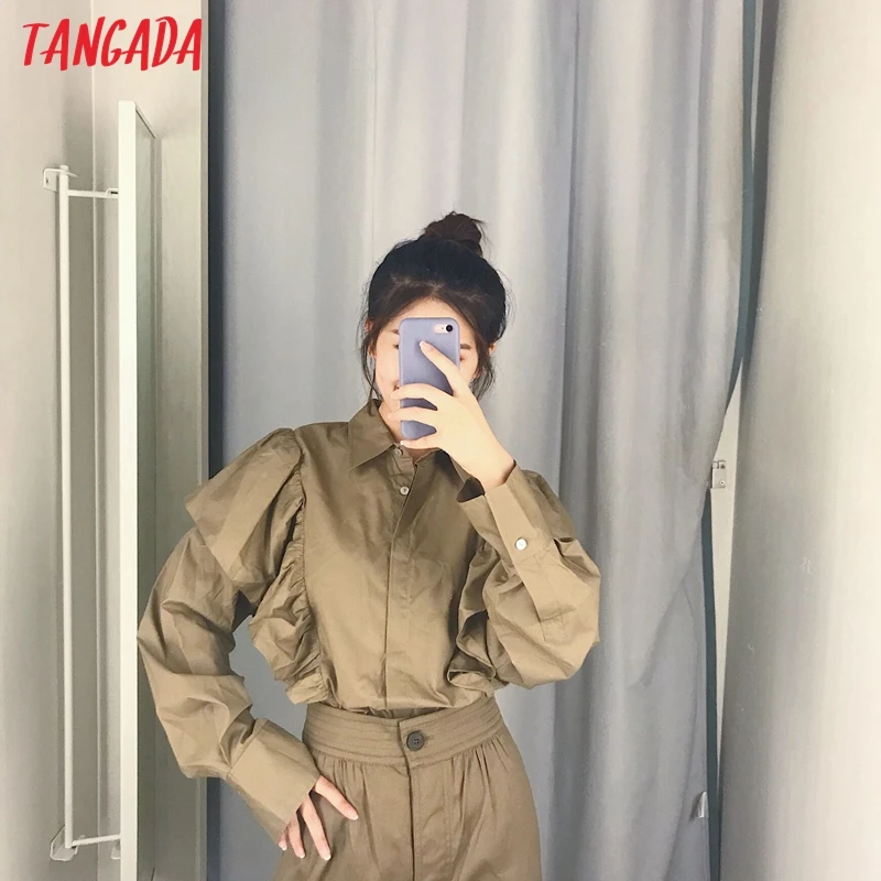 Tangada, Женская хлопковая блузка большого размера с оборками, отложной воротник, длинный рукав, шикарная рубашка с оборками, blusas femininas CE162