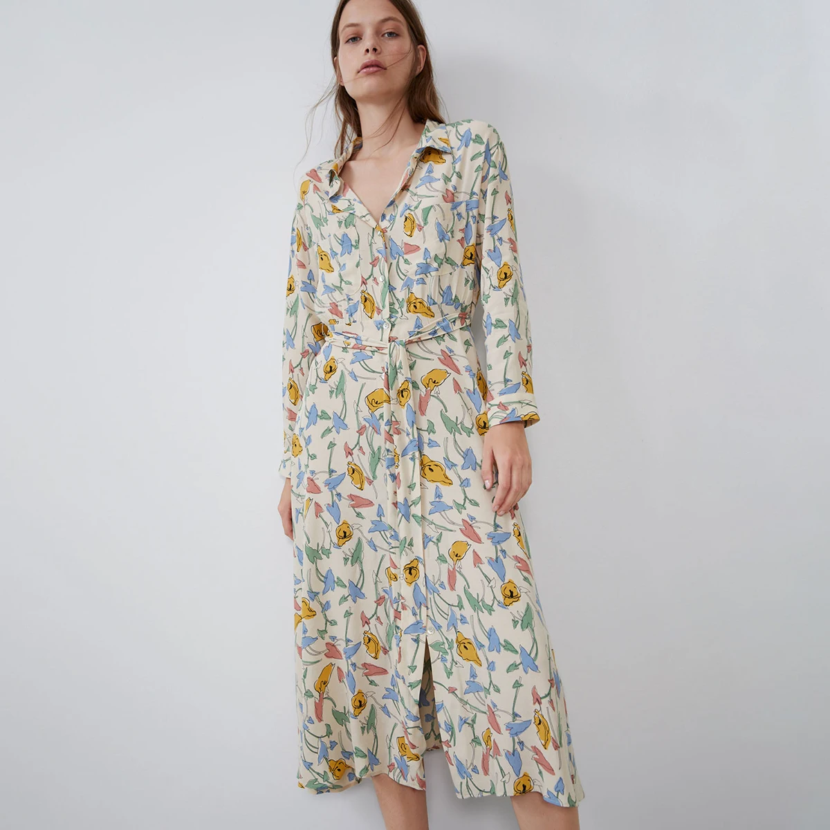 

Jastie Vintage Chic Print Dress Autumn Long Sleeve Lapel Collar Midi Dresses Casual Women Dress vestidos de fiesta de noche 2019