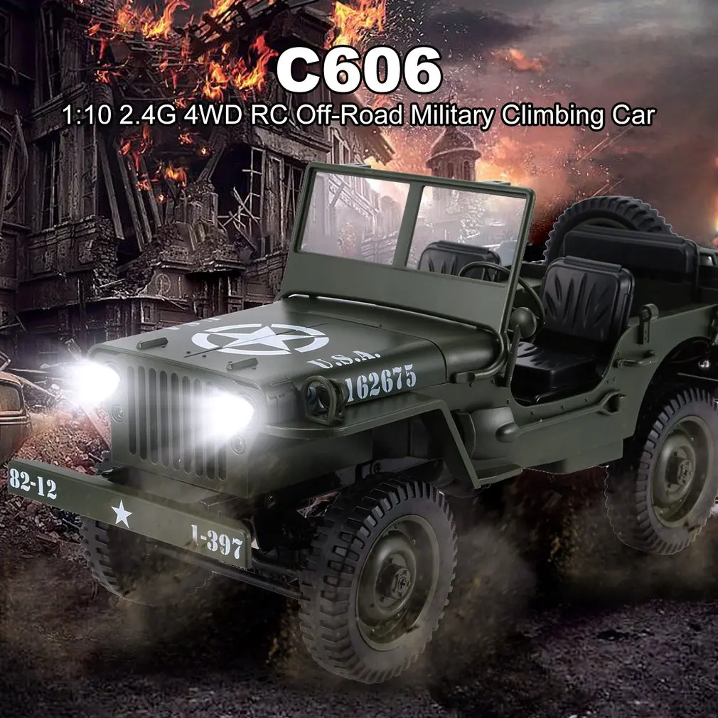 C606 1:10 RC Car 2.4G 4WD Convertible Remote Control Light Jeep Four-Wheel Drive Off-Road Military Climbing Car Toy Kid Gift