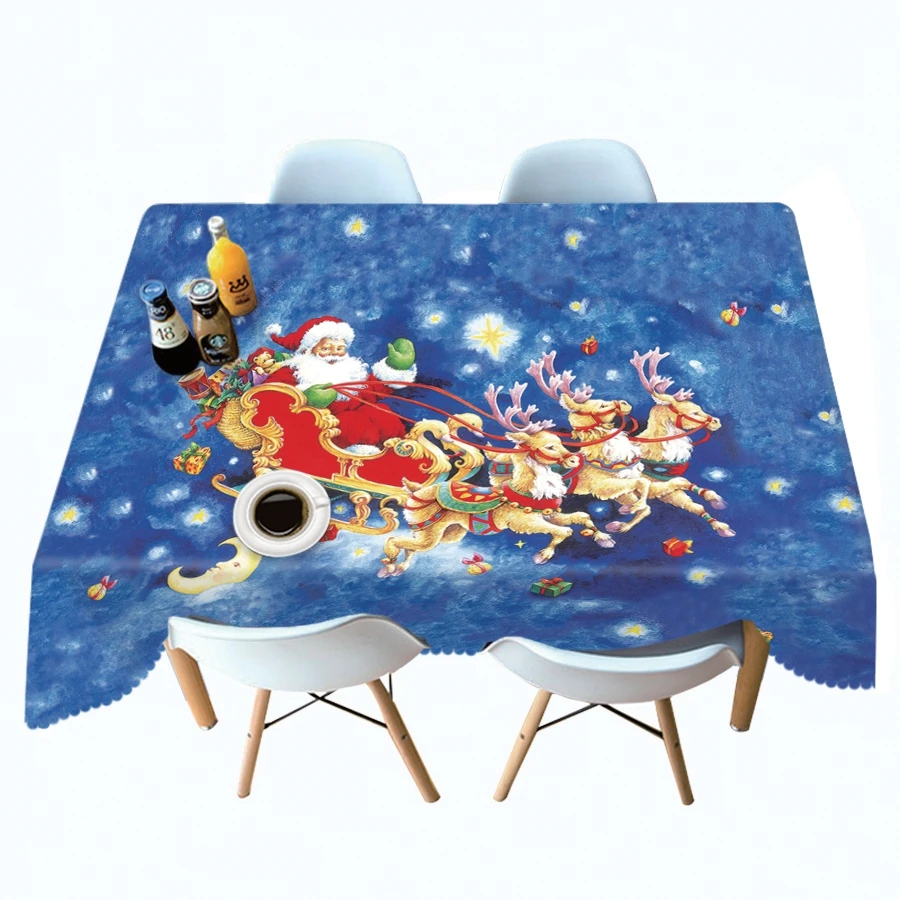 3d Christmas Tablecloth Snow Santa and Elk Pattern Thick Cotton Cloth Rectangular Round Table Cloth for Christmas