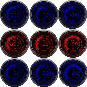 Tacómetro Digital de 52mm para coche medidor de rpm, potenciador de temperatura de agua, presión de aceite, voltios, relación de vacío de aire y combustible, indicador EGT, Led Dual rojo y azul