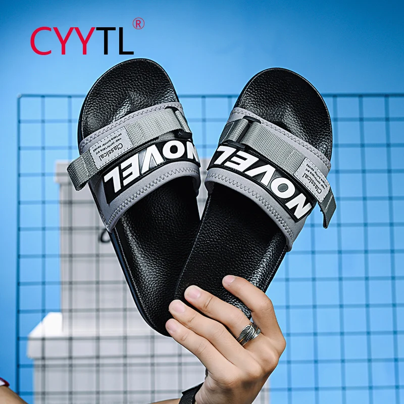 

CYYTL Men Fashion Summer Beach Slippers Letters Pattern Sandals Casual Flip Flips Comfortable Slip on Slides Beach Flip Flops