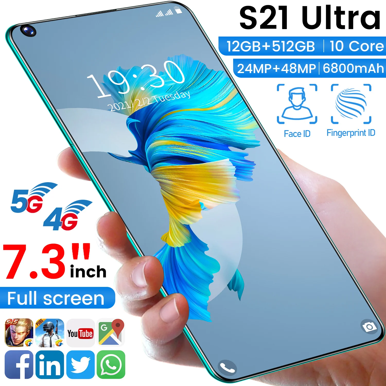 S21 Ultra 7.3-Inch 12+512GB Global Version Cellphone Dual SIM HD Ultra-thin Android 10 Support Face Recognition Smartphone 4G 5G
