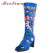 Meotina/зимние сапоги до колена; женские высокие сапоги из натуральной кожи на высоком квадратном каблуке; женская обувь на молнии с вышитыми цветами; Цвет Красный