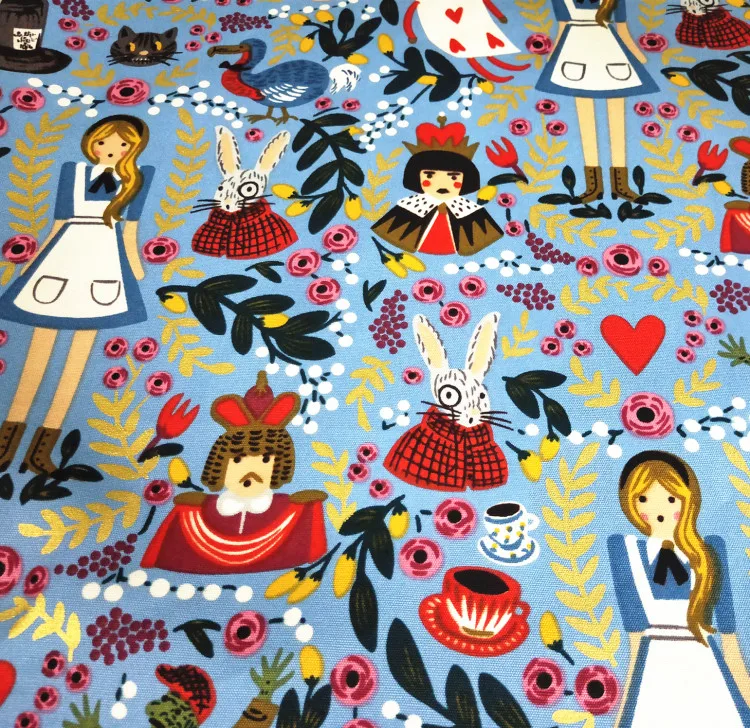 140 см ширина бронзовая Alice Dream in Wonderland синяя хлопковая холщовая ткань для сумок для девочек, наволочки для подушек, занавески, скатерти DIY-BK622