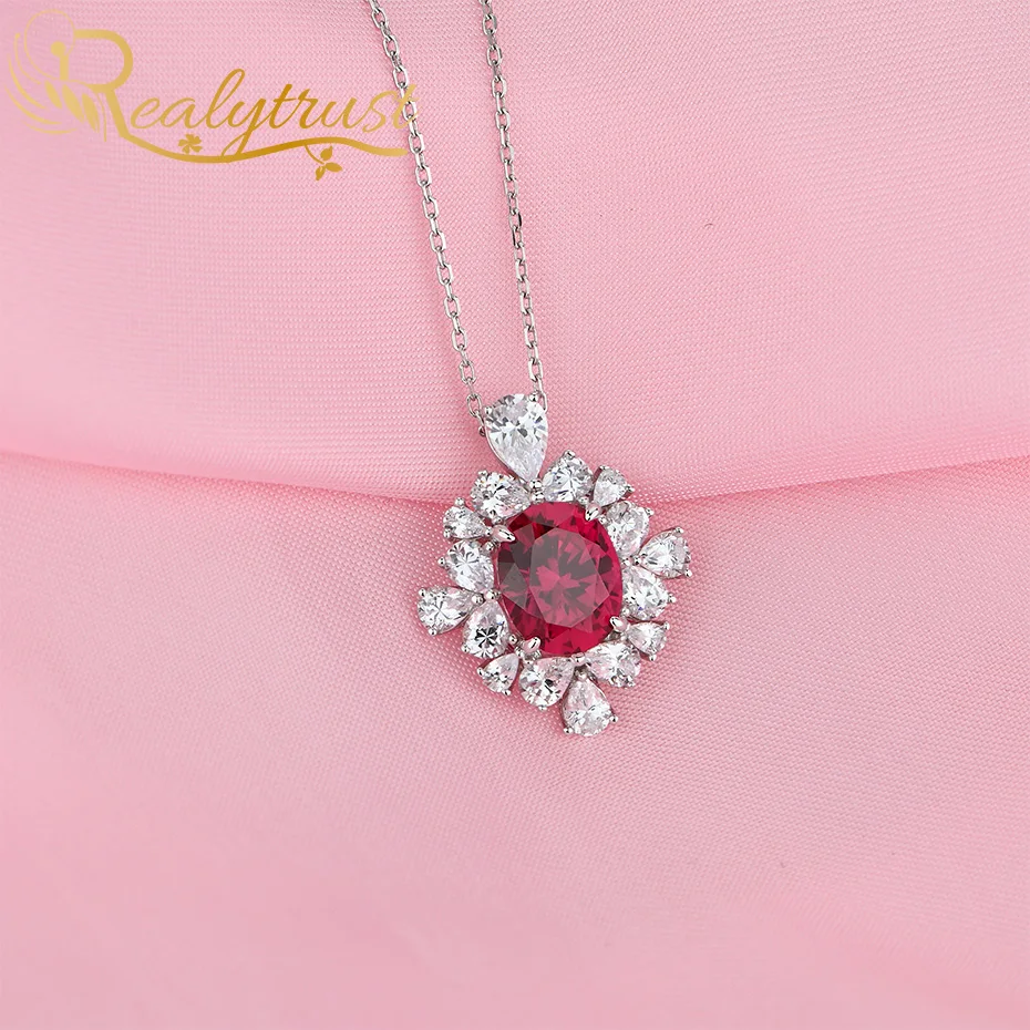 

Realytrust Trendy 8*10mm Oval Ruby Diamond Pendant Necklace for Women Solid 925 Sterling Silver Gemstone Charms Necklace Party