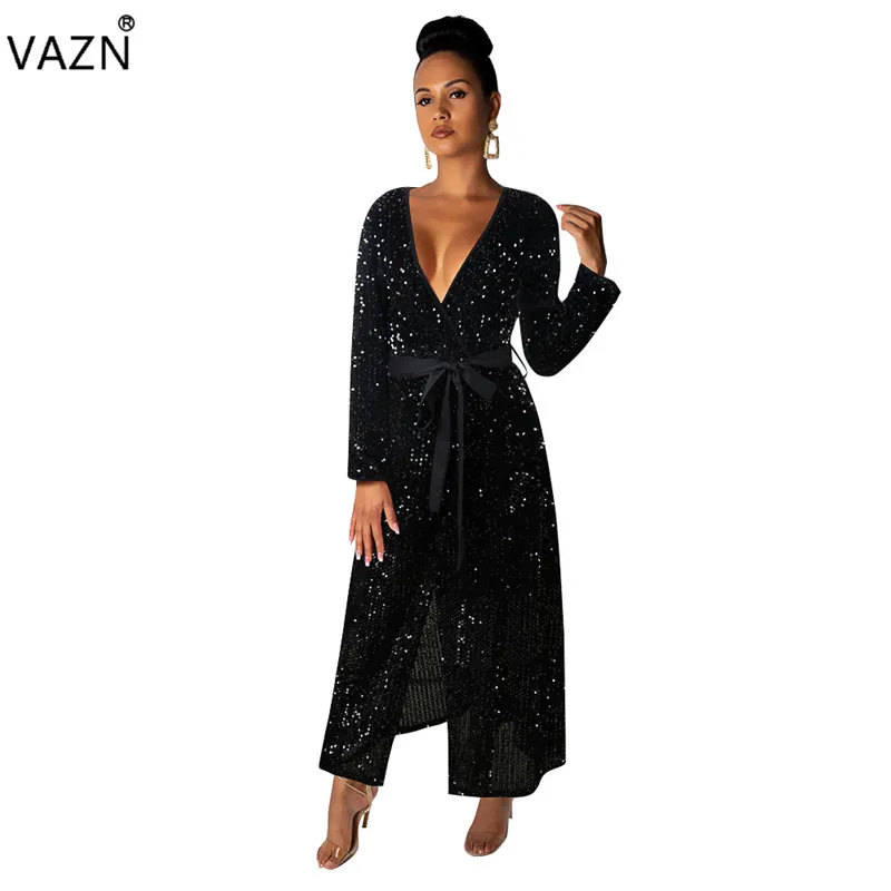 Черный VAZN SN3406 новая юная леди Примечание юная сексуальная мода Тяжелая индустрия расшитая блестками полный рукав на шнуровке женское ТРАПЕЦИЕВИДНОЕ Макси платье - Цвет: Черный