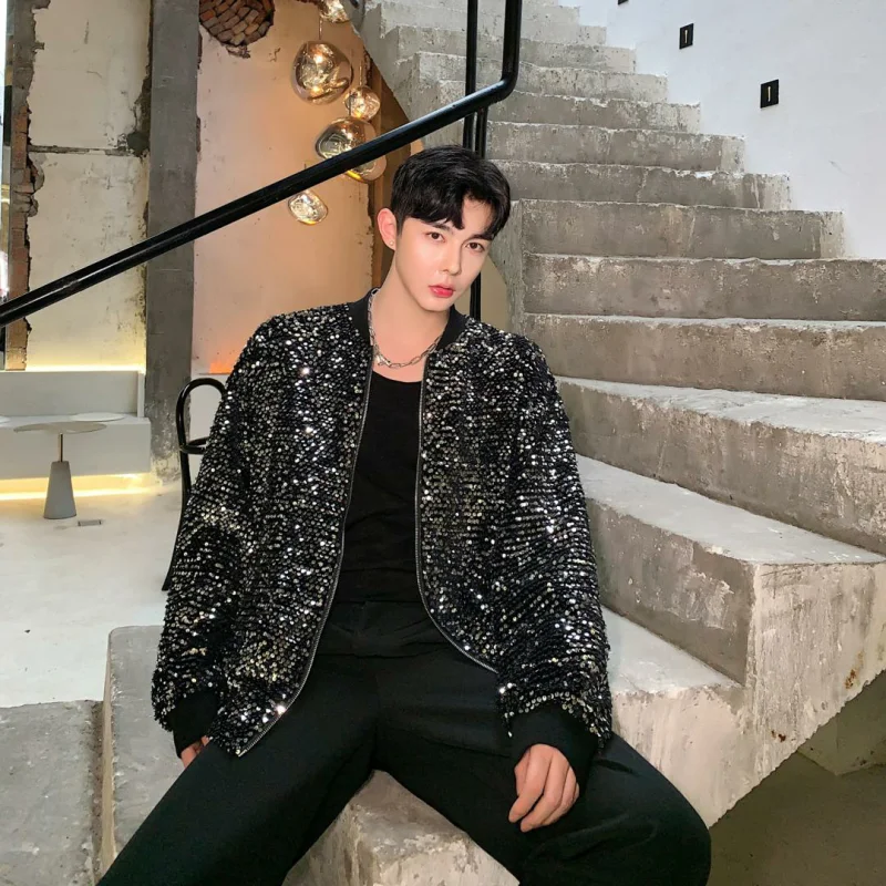 Мужская осенняя куртка с блестками свободная спортивная длинным рукавом