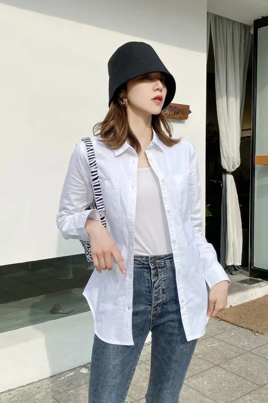 Women Shirts 2021 Spring Long Sleeve Blue Blouse Cotton Tops Female Korean Style Brief Turn Down Collar Pockets White Shirts blouses & shirts