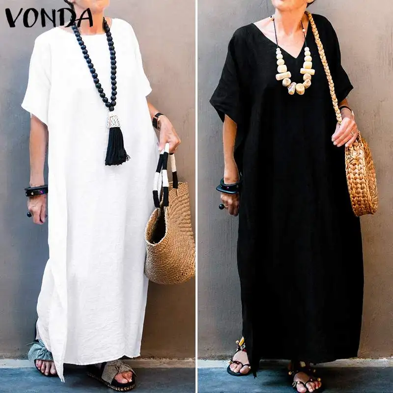 VONDA модное платье 5XL повседневные однотонные макси длинные платья женские свободные пляжный сарафан с круглым вырезом летние вечерние платья негабаритных размеров