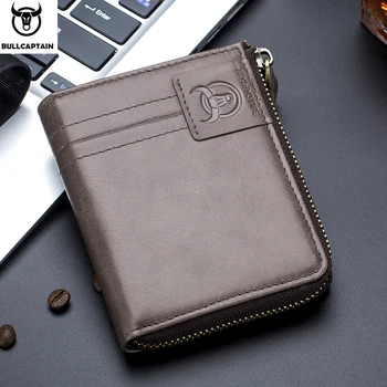 

BULLCAPTAIN Genuine Leather Men Wallet Zipper Male Vintage Short Coin Purse Brand Quality Cowhide Wallet Small Card Holder Bag