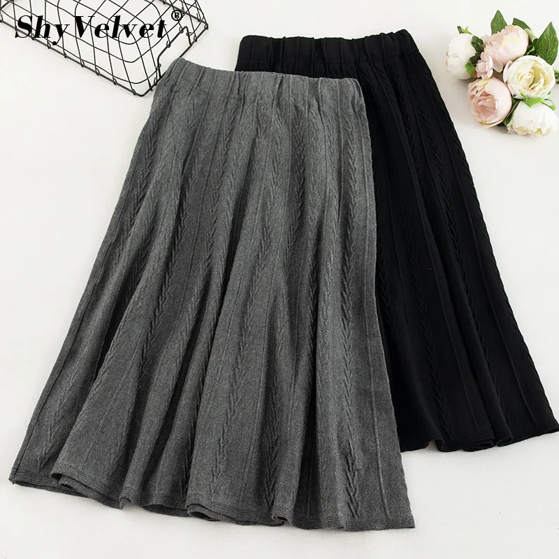 Высокая стрейч Осень Зима трикотажные юбки для женщин длинная Плиссированная юбка эластичный пояс Вязание корейский Femme Jupe Серый Дамы Saias
